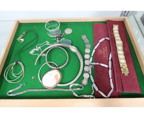 A group of silver and costume jewellery including silver Pandora bangle, hinged bangle, napkin ring and bracelet made up of s