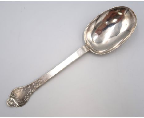 A Charles II silver spoon with lace back and finial, and having pointed rat tail to the back of the bowl, William Mathew I, L