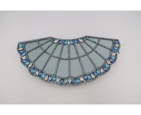 A Lulu Guinness beaded evening bag, in pale blue silk satin of fan shaped form with blue, aquamarine and white coloured cryst