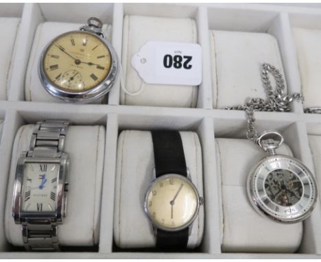 A group of four watches comprising a Hilfiger curved watch with stainless steel bracelet strap, a vintage Timex wristwatch an