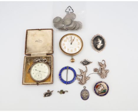 A Continental 935 silver cased, open faced, keyless wind pocket watch, does not wind or appear to work, with belcher link cha