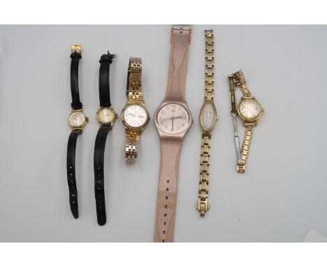 A group of six assorted watches. To include Citizen, Swatch, and Hamilton.