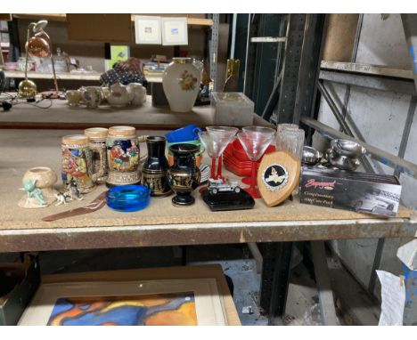 A LARGE MIXED LOT OF COLLECTABLES TO INCLUDE A SYLVAC LEPRECHAUN AND MUSHROOM POSY VASE HOLDER, BOOMERANG, CERAMIC BEER STEIN