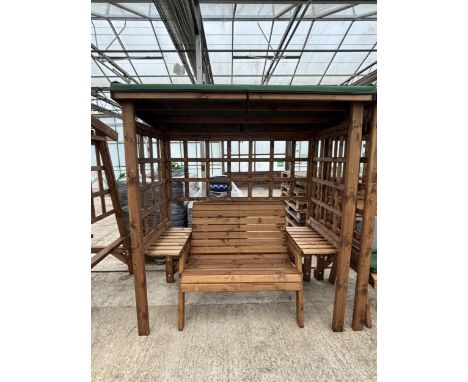 AN AS NEW EX DISPLAY CHARLES TAYLOR FURNITURE SET COMPRISING OF AN ARBOUR WITH GREEN FABRIC TOP, TWO SEATER BENCH AND TWO SID