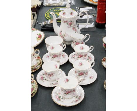 A ROYAL ALBERT LAVENDER ROSE FOURTEEN PIECE COFFEE SET TO INCLUDE A COFFEE POT, CREAM JUG, SUGAR BOWL AND FIVE CUPS AND SAUCE