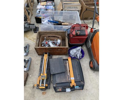 AN ASSORTMENT OF TOOLS TO INCLUDE A KEW PRESSURE WASHER, AN ELECTRIC TILE CUTTER AND DOOR FURNITURE ETC