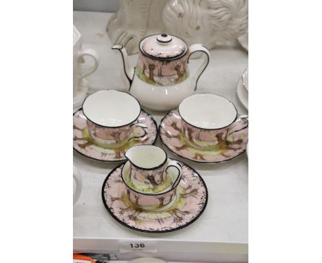 A VINTAGE ROYAL DOULTON TEASET TO INCLUDE A TEAPOT, SUGAR BOWL, CREAM JUG CUPS AND SAUCERS