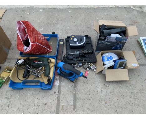 AN ASSORTMENT OF ITEMS TO INCLUDE AN ELECTRIC SANDER, A BOSCH DRILL AND WALKMEN ETC