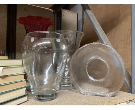 THREE LARGE CLEAR GLASS VASES AND A GLASS HOBNAIL TYPE RUBY BOWL ON A LONG STEM