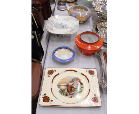 FOUR PIECES OF VINTAGE SHELLEY TO INCLUDE AN ORANGE BOWL AND FOOTED CAKE PLATE, PLUS A ROYAL STAFFORDSHIRE TRANSFER PRINTED P