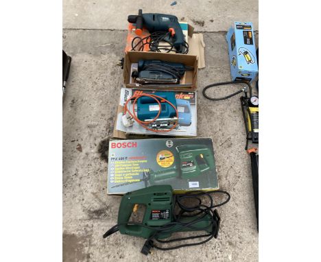AN ASSORTMENT OF POWER TOOLS TO INCLUDE A BLACK AND DECKER DRILL, A BLACK AND DECKER JIGSAW AND A BOSCH RECIPRICATING SAW ETC