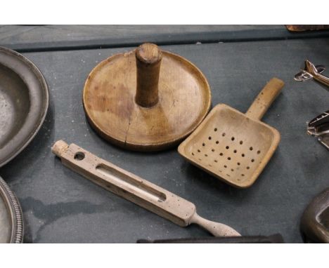 A CHEESE THERMOMETER TOGETHER WITH A BUTTER PADDLE AND WHEY SCOOP