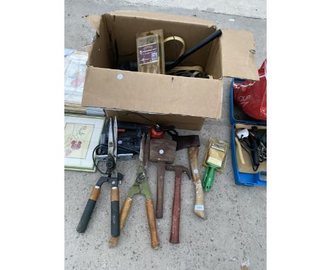 AN ASSORTMENT OF TOOLS TO INCLUDE AXES AND HAMMERS ETC