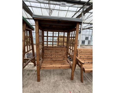 AN AS NEW EX DISPLAY CHARLES TAYLOR FURNITURE SET COMPRISING OF AN ARBOUR WITH GREY FABRIC TOP AND A FIXED TWO SEATER BENCH  