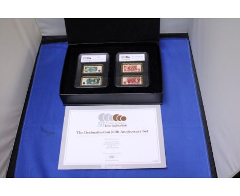 A LIMITED EDITION DECIMALISATION 50TH ANNIVERSARY PROOF SET, GOLD PLATED BRASS 350/995 IN A PRESENTATION BOX WITH CERTIFICATE
