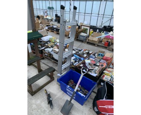 AN ASSORTMEMNT OF TOOLS TO INCLUDE A SPADE, A LOFT LADDER AND TIN SNIPS ETC