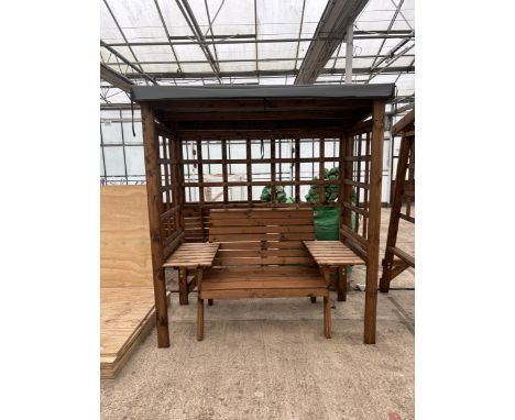 AN AS NEW EX DISPLAY CHARLES TAYLOR FURNITURE SET COMPRISING OF AN ARBOUR WITH GREY FABRIC TOP, TWO SEATER BENCH AND TWO SIDE