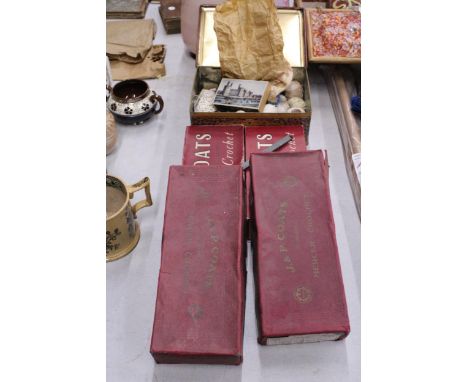 FOUR BOXES OF VINTAGE J &amp; P COATS LACE THREAD - NOT ALL BOXES FULL PLUS A TIN CONTAINING LACE AND THREAD