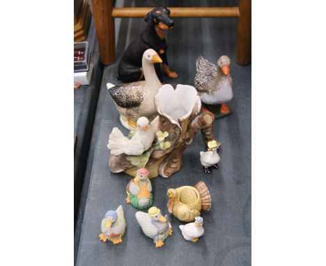 A QUANTITY OF CERAMIC AND RESIN BIRDS PLUS A DOG