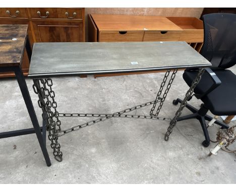 A CONSOLE TABLE ON METAL HEAVY DUTY CHAIN LEGS AND STRETCHERS, 40" WIDE.