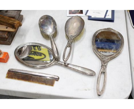 FIVE MARKED STERLING SILVER ITEMS TO INCLUDE TWO BRUSHES, TWO MIRRORS AND AN EDGED COMB