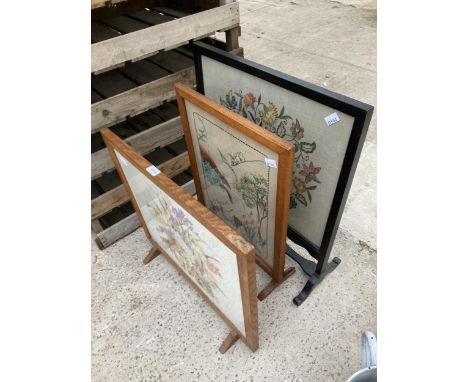 THREE VARIOUS WOODEN FRAMED TAPESTRY FIRE SCREENS