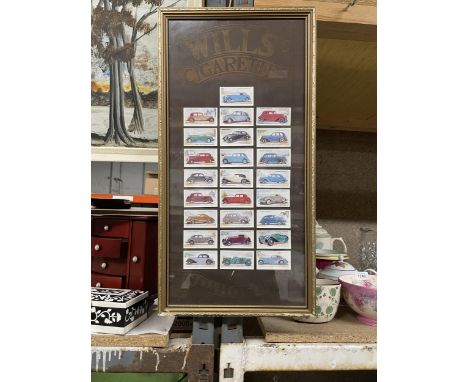 A FRAMED COLLECTION OF PLAYER'S CIGARETTE CARDS FEATURING VINTAGE CARS