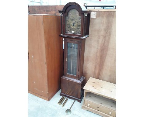 A TEMPUS FUGIT LONGCASE CLOCK WITH BRASS DIAL, THREE WEIGHTS AND GLASS DOOR (BODMIN, CORNWALL)