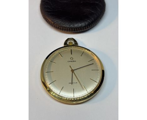 A GOLD PLATED OMEGA DE VILLE POCKET WATCH 42MM DIAMETER FACE WITHOUT CROWN WINDER, BROWN LEATHER CASE SEEN WORKING BUT NO WAR