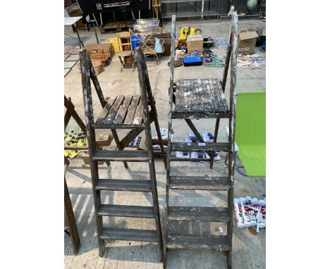 TWO VINTAGE WOODEN FOUR RUNG STEP LADDERS