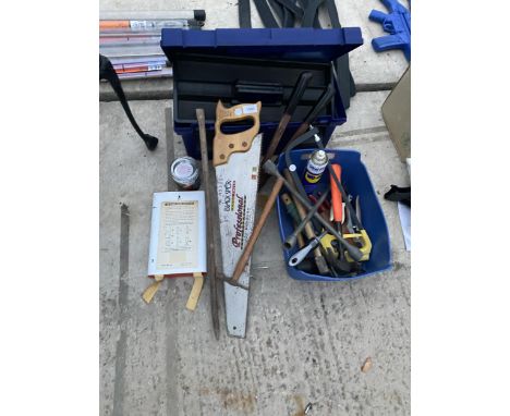 A TOOL BOX WITH AN ASSORTMENT OF TOOLS TO INCLUDE A SAW, HAMMERS AND SCREW DRIVERS ETC