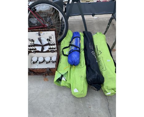 AN ASSORTMENT OF CAMPING ITEMS TO INCLUDE TENTS AND A PICNIC HAMPER