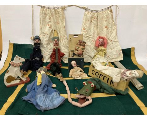 A VINTAGE PUNCH AND JUDY CARVED AND PAINTED WOOD PUPPET SET COMPRISING PUNCH AND JUDY AND BABY, CROCODILE, POLICEMAN TOGETHER