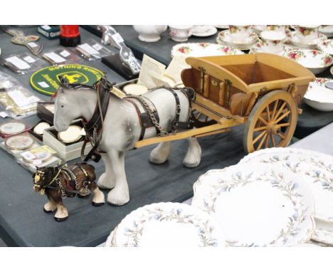 TWO VINTAGE CERAMIC SHIRE HORSES WITH HARNESS ONE WITH A CART
