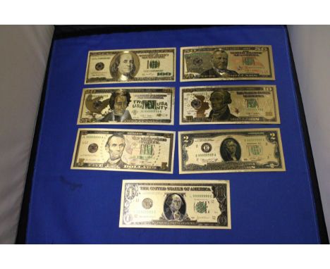 SEVEN 24 CARAT GOLD FOIL UNITED STATES OF AMERICA DOLLARS OF VARIOUS DENOMINATIONS