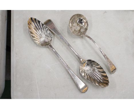 THREE GEORGIAN SILVER ITEMS TO INCLUDE TWO DECORATIVE SERVING SPOONS AND A LADLE GROSS WEIGHT 181.8 GRAMS