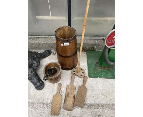 A SMALL VINTAGE WOODEN BUTTER CHURN WITH BUTTER PADDLES AND FURTHER ACCESSORIES