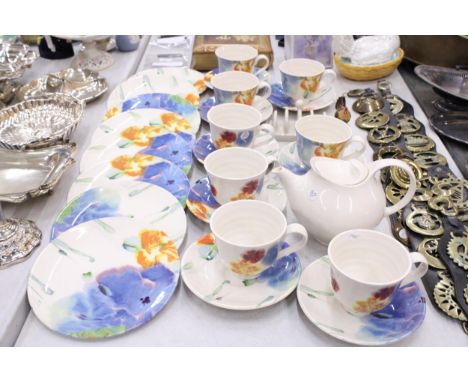 A QUANTITY OF POOLE POTTERY 'IRIS' DESIGNED BY JANICE TCHALENKO POTTERY TO INCLUDE EIGHT PLATES AND EIGHT LARGE CUPS AND SAUC