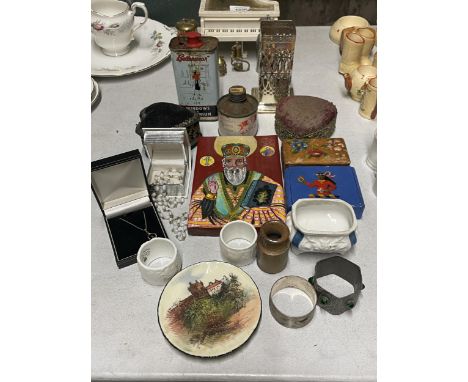 A COLLECTION OF ITEMS TO INCLUDE A BOXED SILVER CHAIN AND PENDANT, NAPKIN RINGS, TRINKET BOXES, VINTAGE TINS, ETC.,