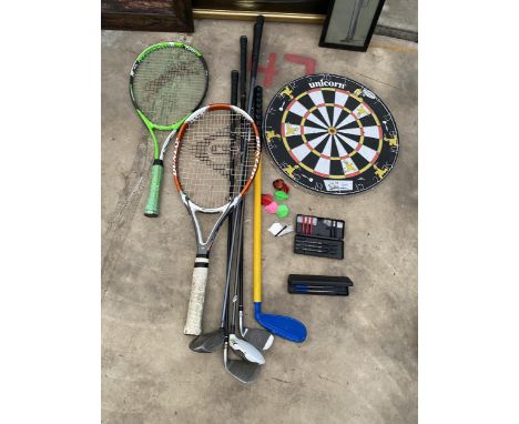 AN ASSORTMENT OF SPORTS EQUIPMENT TO INCLUDE GOLF CLUBS TENNIS RACKETS AND TUNGSTEN DARTS ETC