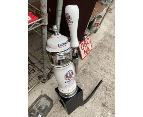 A CERAMIC ERDINGER BRANDED BEER PUMP ON BAR ATTATCHMENT BASE