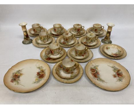 A VINTAGE NAUTILUS PORCELAIN 36 PIECE TEASET DECORATED WITH FLORAL PANELS ON A BLUSH GROUND WITH GILT BORDER TO INCLUDE A PAI