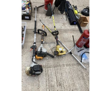 A PETROL GRASS STRIMMER, A PETROL LONG REACH HEDGE TRIMMER AND A RYOBI STRIMMER ENGINE ETC