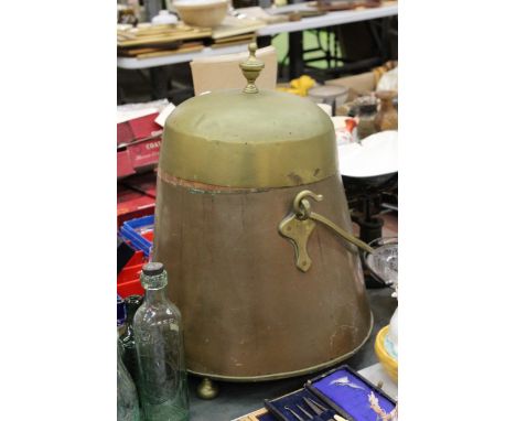 A LARGE VINTAGE COPPER AND BRASS COAL SCUTTLE - FULL OF COAL, HEIGHT APPROX 52CM