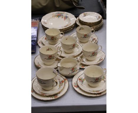 A VINTAGE ALFRED MEAKIN TEASET TO INCLUDE BOWLS, CUPS, SAUCERS, SIDE PLATES AND A CREAM JUG