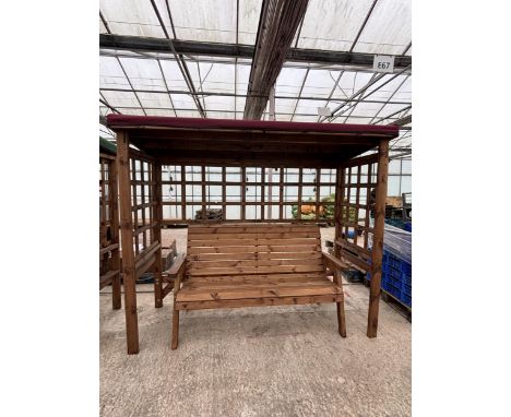 AN AS NEW EX DISPLAY CHARLES TAYLOR FURNITURE SET COMPRISING OF AN ARBOUR WITH MAROON FABRIC TOP, THREE SEATER BENCH   *PLEAS