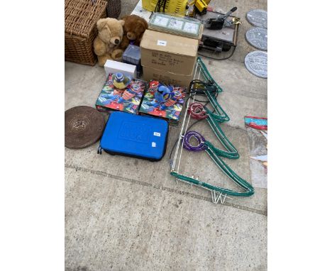 AN ASSORTMENT OF ITEMS TO INCLUDE A TABLE TOP, TOYS AND A CHRISTMAS LIGHT