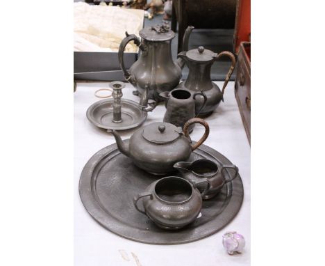 A COLLECTION OF VINTAGE PEWTER TO INCLUDE A TRAY, TEAPOTS, COFFEE POT, SUGAR BOWL, JUGS AND A CANDLESTICK