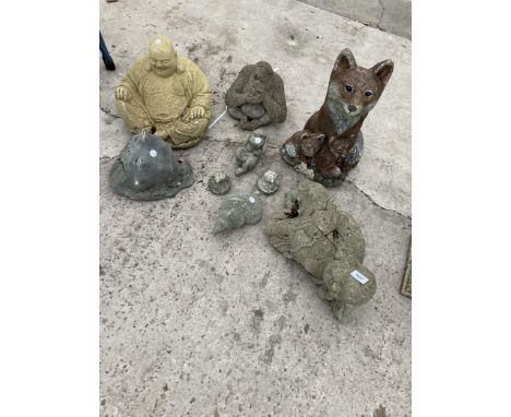AN ASSORTMENT OF CONCRETE GARDEN ORNAMENTS TO INCLUDE MONKEYS, BUDDHAS AND A FOX ETC