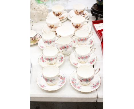 A QUANTITY OF VINTAGE CHINA CUPS, SAUCERS AND PLATES PLUS A CREAM JUG AND SUGAR BOWL